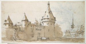 Tornyos kastély és templom (barna és szürke mosás fekete krétával papíron) alkotó: Jacques Callot