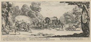 Támadás egy postakocsira, a „A háború borzalmai” című sorozat 8. része alkotó: Jacques Callot