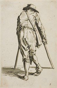 Koldus mankón és kalapban, hátulról nézve, ötödik kép a Koldusokból alkotó: Jacques Callot