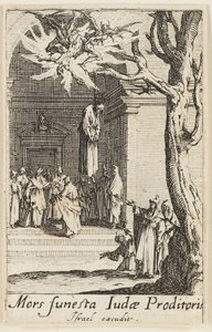 Júdás halála, tizennégyes tábla az Apostolok mártíromságai című kötetből. alkotó: Jacques Callot