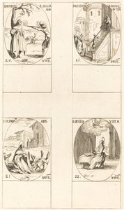 Edmund, angol király, mártír; Szűzanya bemutatása; Szent Kolumbán; Szent Cecil alkotó: Jacques Callot