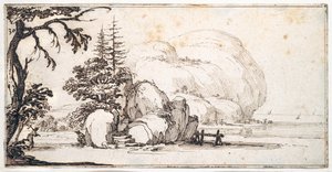 Fantasztikus sziklák a tengerparton, épületek a parton (toll és barna tinta papíron) alkotó: Jacques Callot