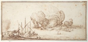 Fantasztikus sziklák, megerősítve. Szállítás. Tengerészek kételkednek mesterségük láttán (Le Grand Rocher) (toll és tinta papíron) alkotó: Jacques Callot