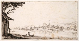 Utas átszállítása a folyón egy kisvárosba, amelyet híd köt össze a kastéllyal (toll és barna tinta papíron) alkotó: Jacques Callot