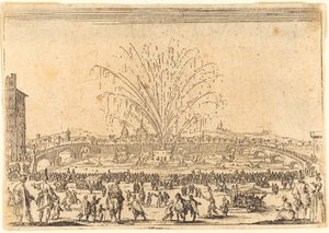 Tűzijáték az Arnón, Firenze, kb. 1622. alkotó: Jacques Callot