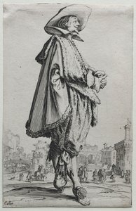 Az úriember összekulcsolt kézzel áll a profilban. alkotó: Jacques Callot