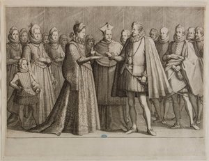I. Ferdinánd de Médicis élete, I. Ferdinánd házassága. Egy 16 befejezett darabból és 2 kiegészítő darabból álló sorozat első része (Lieure 147, Meaume 534) alkotó: Jacques Callot