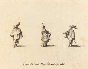 Ruhás hölgy összegyűlt, és két úriember alkotó: Jacques Callot