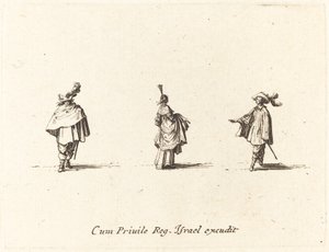 Ruhás hölgy összegyűlt, és két úriember alkotó: Jacques Callot