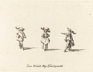 Hölgy nagy tollakkal és két úriember alkotó: Jacques Callot