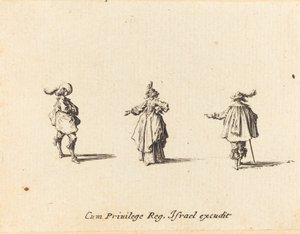Kinyújtott karú hölgy és két úriember alkotó: Jacques Callot