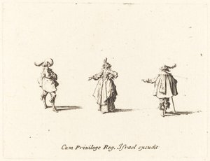 Kinyújtott karú hölgy és két úriember alkotó: Jacques Callot