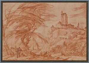 Landschaft, rechts auf einem Hügel ein großer Turm, links eine Baumgruppe und einige Figuren alkotó: Jacques Callot