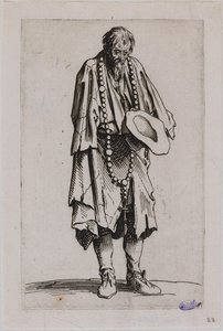 A koldusok, A rózsafüzért imádkozó koldus. Egy 25 darabos sorozat tizenegyedik darabja (Lieure 489, Meaume 695) alkotó: Jacques Callot
