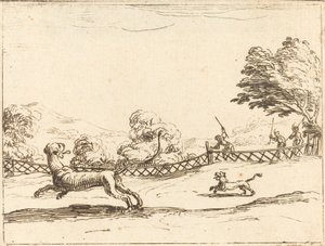 Az oroszlán és a kölyök vadászok üldözik alkotó: Jacques Callot