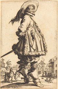 Nemes férfi bundával nyírt köpennyel, kezét a háta mögött tartja alkotó: Jacques Callot
