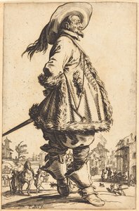 Prémmel szegett köpenyt viselő nemesember, kezét a háta mögött tartva alkotó: Jacques Callot