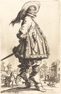 Nemes férfi bundában nyírt köpennyel, kezét a háta mögött tartja, c. 16201623. alkotó: Jacques Callot