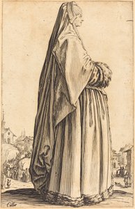 Nemes nő fátylat és szőrmével szegett ruhát visel alkotó: Jacques Callot