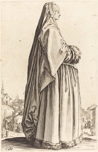 Nemes nő fátylat és szőrmével szegett ruhát visel alkotó: Jacques Callot