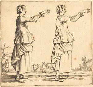 Parasztasszony, profilban, jobbra fordítva, kinyújtott karral, 1617 és 1621. alkotó: Jacques Callot