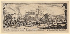 Egy falu kifosztása és felégetése, a „Háború borzalmai” sorozat 7. lapja alkotó: Jacques Callot