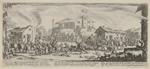 Egy falu kifosztása és felégetése, a „A háború borzalmai” sorozat 7. lapja alkotó: Jacques Callot