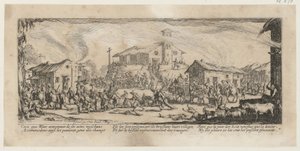 Egy falu kifosztása és felégetése, a Háború borzalmai sorozat 7. lapja alkotó: Jacques Callot