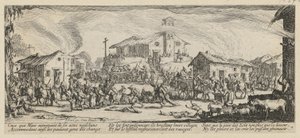 Egy falu kifosztása és felégetése, a „A háború borzalmai” sorozat 7. lapja alkotó: Jacques Callot