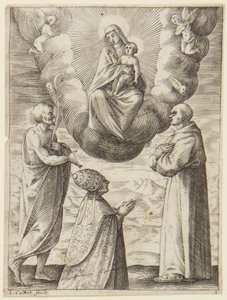 VIII. Bonifác pápa Szent Ferenccel és Szent Krispinnel, amint imádják a Szűzanyát és a gyermek Jézust alkotó: Jacques Callot