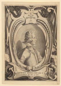 Francesco de’ Medici portréja, a „Francesco de’ Medici temetése alkalmából készült rézkarcok” sorozat 2. lapja alkotó: Jacques Callot