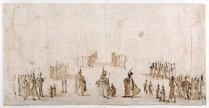 Vázlat figurák csoportjainak színpadra állításához az „Il Solimanóban” (toll és barna tinta barna mosással vörös krétán) alkotó: Jacques Callot