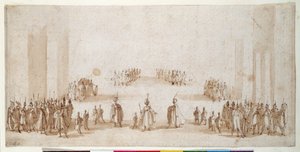 Vázlat figurák csoportjainak színpadra állításához az „Il Solimanóban” (toll és barna tinta barna mosással vörös krétán) alkotó: Jacques Callot