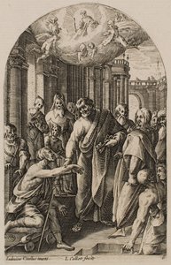 Szent Péter és Szent János meggyógyítja a sántát a templom kapujánál, a „Római képek” sorozatból alkotó: Jacques Callot