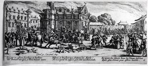 Egy kolostor pusztulása, 6. tábla „A háború nyomorúságai és szerencsétlenségei”-ből, Izrael Henriet (1590-1661 körül) metszetében, 1633 alkotó: Jacques Callot