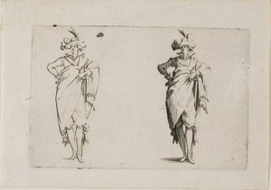 Az úriember elölről nézve, jobb kezével a csípőjén, A szeszélyekből alkotó: Jacques Callot