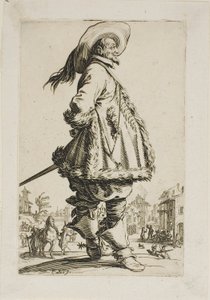 Az úriember prémes köpenyben, kezét a háta mögött tartja, hetes tányér a La Noblesse-től alkotó: Jacques Callot
