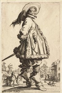 A prémmel szegett kabátot viselő úr, kezét a háta mögött tartva alkotó: Jacques Callot