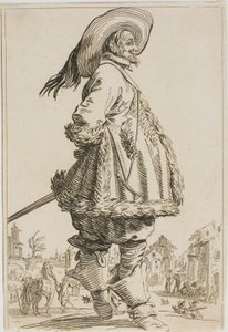 Az úriember prémes köpenyben, kezével a háta mögött, a Lotaringiai nemesség című sorozatból alkotó: Jacques Callot