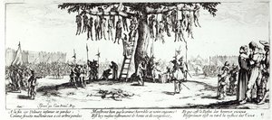 A függő, 11. tábla „A háború nyomorúságai és szerencsétlenségei”-ből, metszett: Israel Henriet (kb. 1590-1661) 1633 alkotó: Jacques Callot