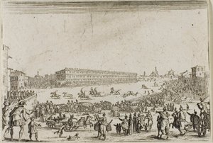 A lóverseny a Pitti-palotában, Firenzében, a Capricesből alkotó: Jacques Callot