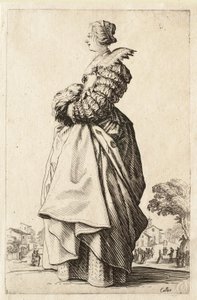 Profilból ábrázolt hölgy, kezével a muffban alkotó: Jacques Callot