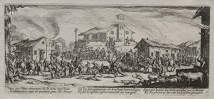 A háború nagy nyomorúságai: Egy falu kifosztása és felgyújtása alkotó: Jacques Callot