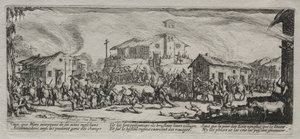 A háború nagy nyomorúságai: Egy falu kifosztása és felgyújtása, 1633. alkotó: Jacques Callot