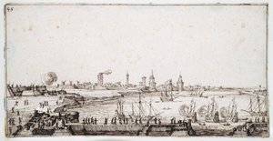 Kilátás La Rochelle kikötőjére, tisztelgő galleonokkal (toll és barna tinta papíron) alkotó: Jacques Callot