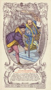 V. Károly felveszi Tiziano ecsetjét, miután az leejtette, miközben a császár portréján dolgozott (színes litográfia).
