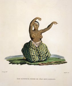 Táncoló nő Maui szigetéről, a Hawaii-szigeteken, metszett Parfait Augrand (sz. 1782)