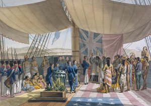 A Sandwich-szigetek: A királyok miniszterelnökének keresztelése az Uranie fedélzetén, a Voyage Autour du Monde sur les Corvettes de LUranie 1817-20-ból, Lerouge és Forget metszet, 1825-ben. alkotó: Jacques Etienne Victor Arago