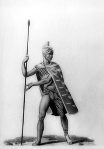 Fiatal tiszt, tipikus malo jelmezt viselő, Hawaii, 1819