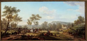Verseny a Longchamps Attelages és lovasok környékén a párizsi vidéken. Jacques Francois Joseph Swebach festménye Dit Fontaine (vagy Desfontaines alkotó: Jacques Francois Joseph Swebach